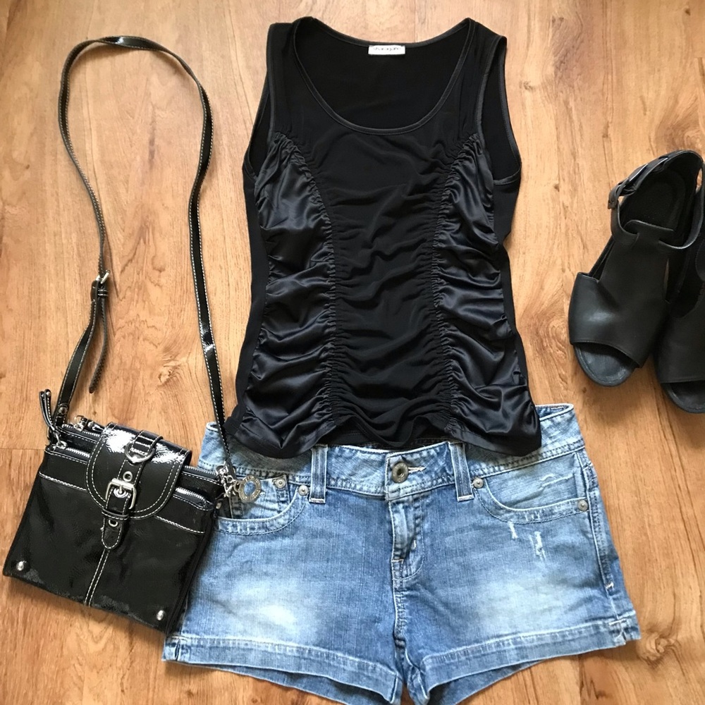 Sharagano Black Tank Top with Black Satin Ruched Sides Plain Back Medium